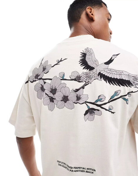 River Island oversized t-shirt with crane embroidery in stone