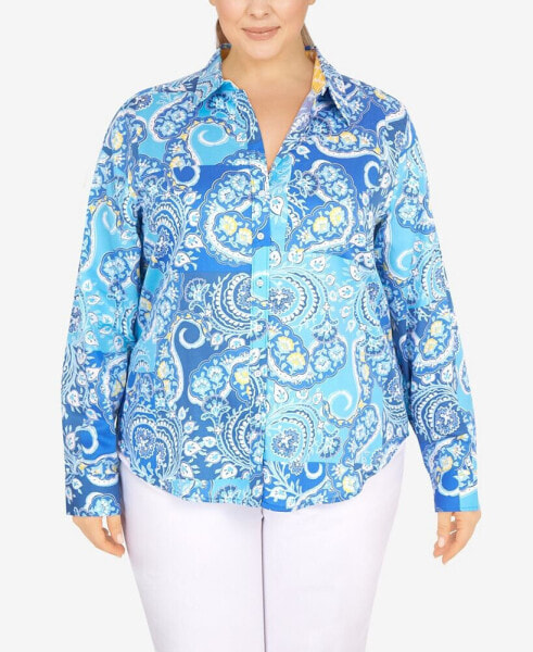 Plus Size Wrinkle Resistant Printed Button Down