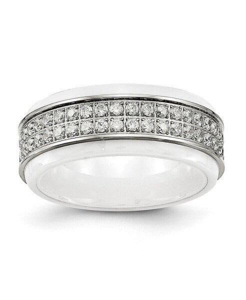 Stainless Steel Polished White Ceramic CZ Ridged Edge Ring