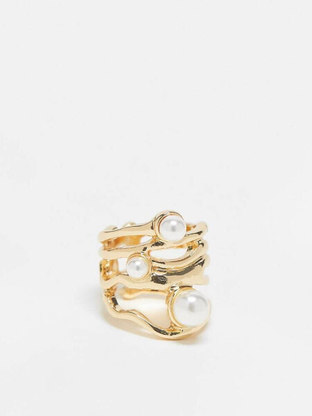 ASOS DESIGN ring with molten design and faux pearl in gold tone