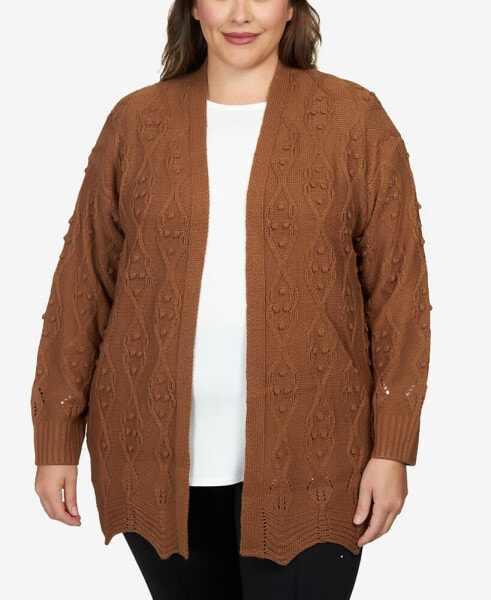 Plus Size Solid Textured Zigzag Hem Open Cardigan Sweater