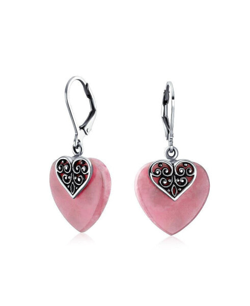 Boho Bali Style Scroll Filigree Pink Natural Rhodochrosite Heart Shaped Dangling Earrings For Women Oxidized Sterling Silver Lever back