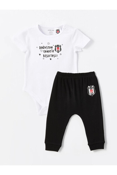 Bisiklet Yaka Kısa Kollu Beşiktaş Baskılı Erkek Bebek Çıtçıtlı Body ve Pantolon 2'li Takım