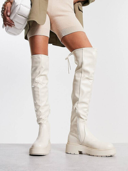 New Look over the knee chunky stretch flat boots in Cream