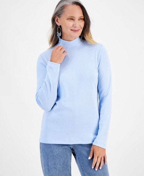 Petite Mock-Neck Cotton Long-Sleeve T-Shirt, Created for Macy's