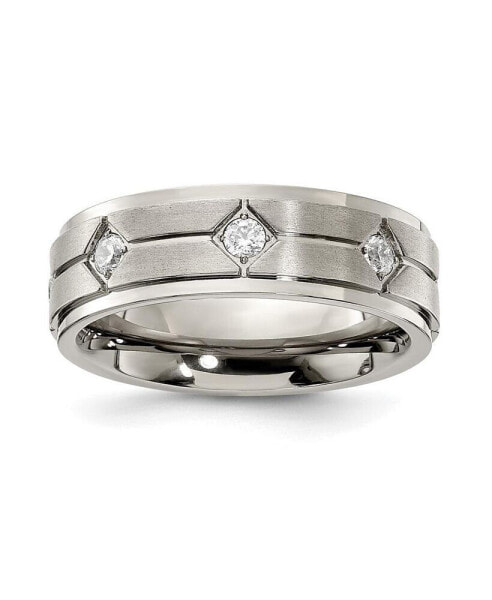 Stainless Steel Brushed Center with CZ Band Ring