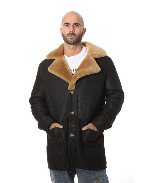 Men's Sheepskin Trench Coat, Washed Brown with Ginger Wool