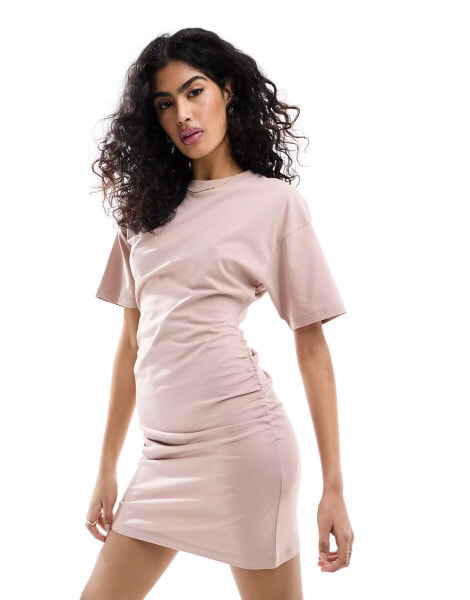 ASOS DESIGN crew neck mini t-shirt dress with ruched sides in taupe