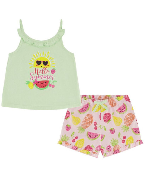 Toddler Girls Hello Summer Tank & Ruffle-Trim Printed Terry Shorts, 2 piece set