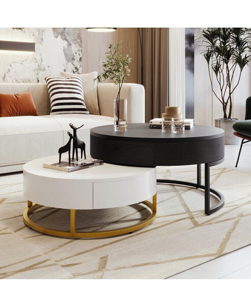 Modern Round Lifttop Nesting Coffee Tables With 2 Drawersnatural