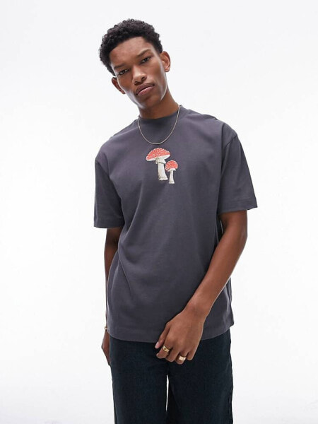 Topman premium oversized fit t-shirt with painted mushroom print in charcoal