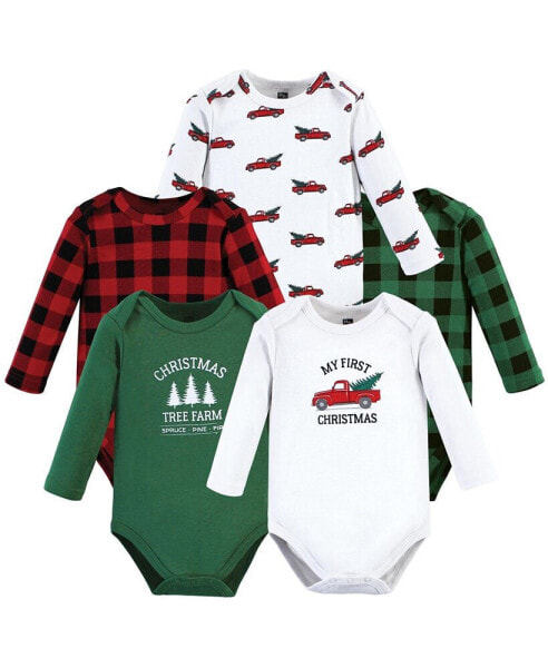 Baby Boys Unisex Baby Cotton Long-Sleeve Bodysuits, Christmas Tree, 5-Pack