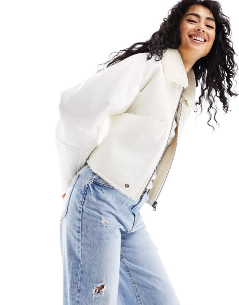 Pull&Bear faux leather shearling detail jacket with shiny finish in white