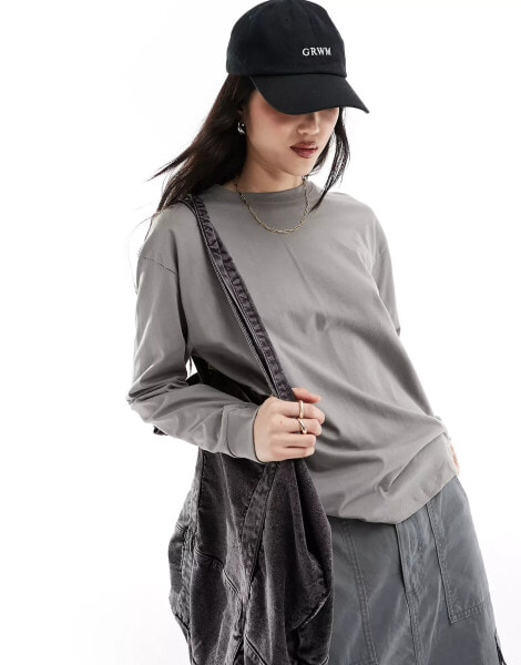 Pull&Bear oversized long sleeved t-shirt in pale grey