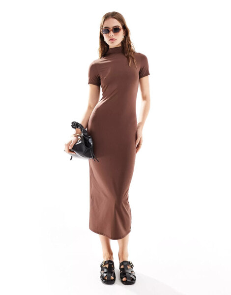 New Look slinky turtle neck midi dress in brown