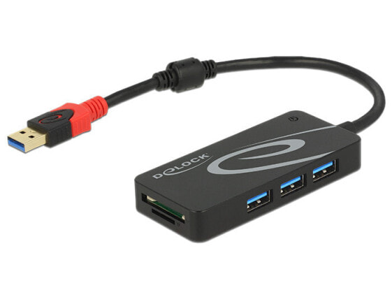 HUB USB 3.0 3 Port extern + 2 x SD Slot Delock USB 3.2 Gen 1 (3.1 Gen 1) Type-A - MMC - MMC Mobile - MMCmicro - MicroSD (TransFlash) - MicroSDHC - MicroSDXC - MiniSD - MiniSDHC - RS-MMC, 5000 Mbit/s, Black, 5 V