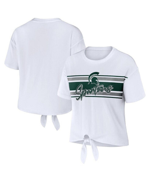 Women's White Michigan State Spartans Striped Front Knot Cropped T-shirt