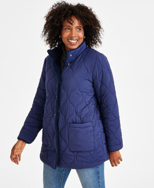 Petite Reversible Quilted & Sherpa Jacket, Created for Macy's