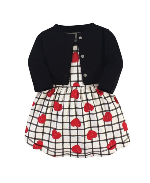 Baby Girls Baby Organic Cotton Dress and Cardigan 2pc Set, Black Red Heart