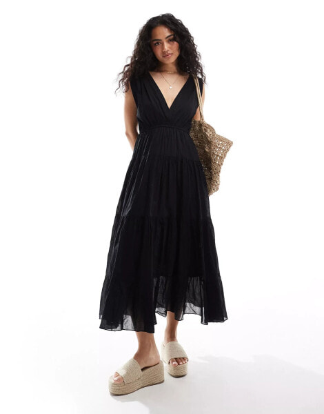 Pimkie sleeveless v neck tiered maxi dress in black