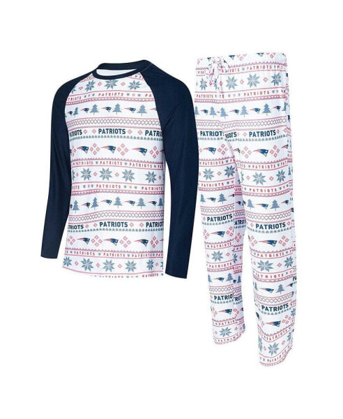 Men's White, Navy New England Patriots Tinsel Raglan Long Sleeve T-shirt and Pants Sleep Set