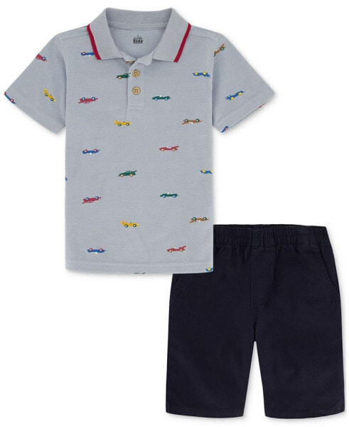 Baby Boys Printed Pique Polo Shirt & Twill Shorts, 2 Piece Set