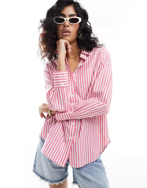 Stradivarius oversized poplin shirt in pink stripe