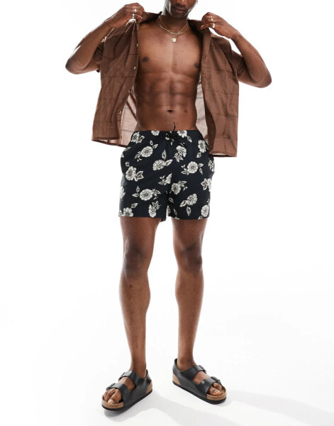 Hollister 5inch floral print swim shorts in black