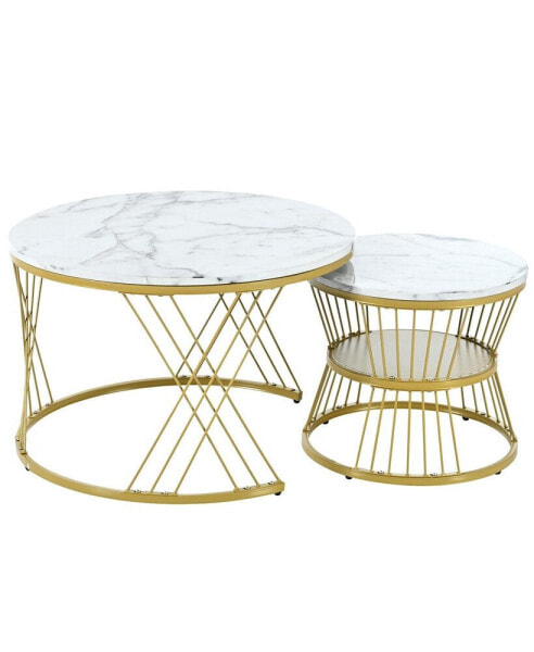 Golden framed marble nesting coffee tables, set of 2