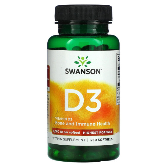 Swanson, Витамин D3, для поддержки здоровья и иммунитета, высочайшая эффективность, 5000 МЕ, 250 мягких таблеток