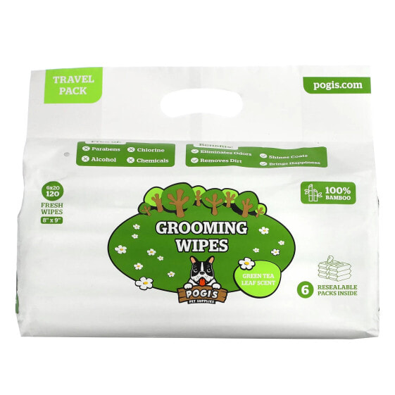 Grooming Wipes, Travel Pack, Green Tea Leaf, 6 Packs, 20 Fresh Wipes Each