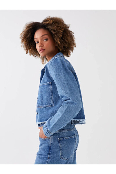 Gömlek Yaka Düz Uzun Kollu Kadın Jean Ceket