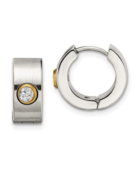 Stainless Steel Polished Yellow plated CZ Hinged Hoop Earrings