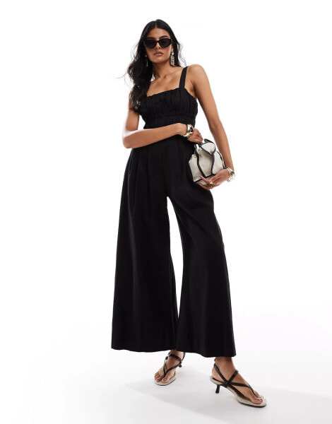 & Other Stories linen blend wide leg jumpsuit with ruche bodice detail and square neckline in black