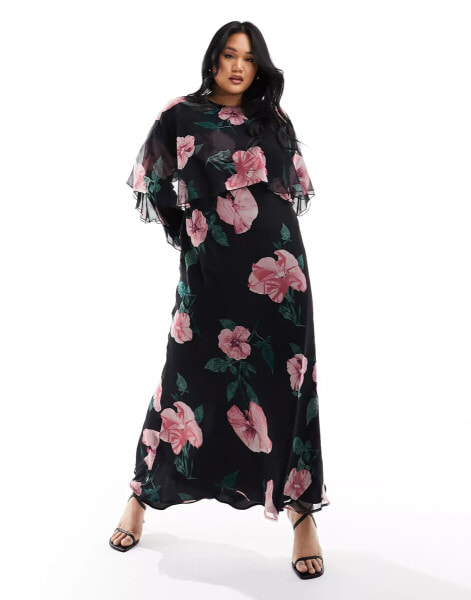 ASOS DESIGN Curve – Langärmliges Maxikleid in Schwarz mit Bias-Cut, Rüschen, Cape-Detail und Blumenmuster