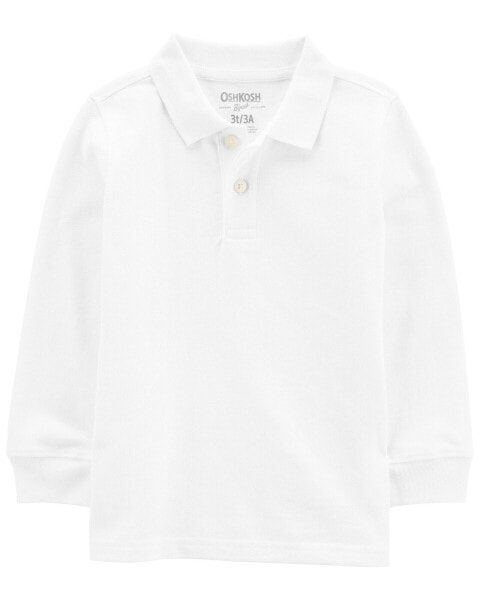 Toddler White Long-Sleeve Piqué Polo Shirt 2T