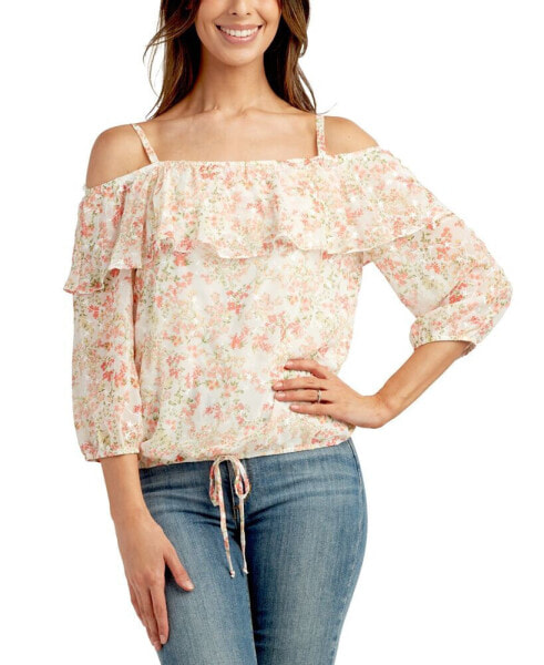 Juniors' Embroidered Off-The-Shoulder Ruffle Top