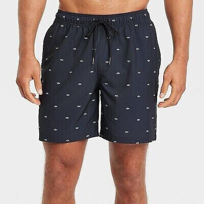 Men's 7" Boat Print Swim Shorts with Boxer Brief Liner - Goodfellow & Co Black L