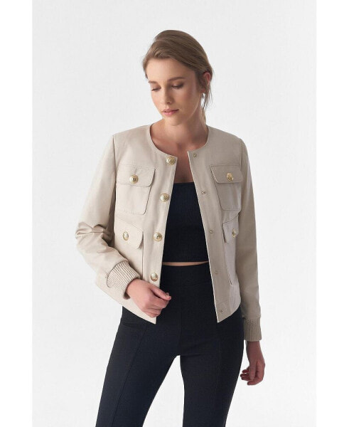 Women's Collarless Stunning Studs Closure Leather Jacket, Beige