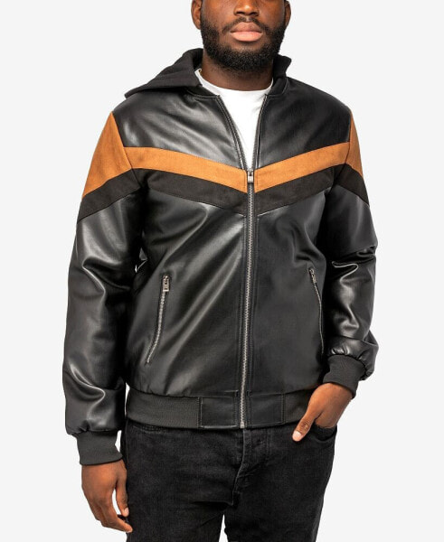 Men's Shiny Polyurethane and Faux Suede Detailing with Faux Shearling Lining Hooded Jacket