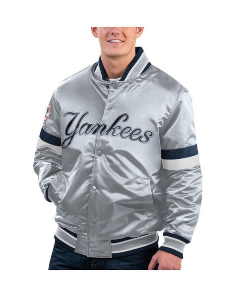 Men's Gray Distressed New York Yankees Home Game Satin Full-Snap Varsity Jacket