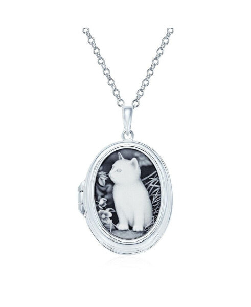 Bling Jewelry custom Engraved Holds Picture Simulated Black White Onyx Sitting Kitten Oval Cat Cameo Photo Locket Pendant Necklace For Women Teen .925 Sterling Silver