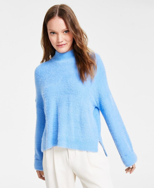 Juniors' Eyelash Mock-Neck Cuffed Sweater