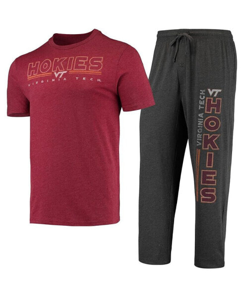Men's Heathered Charcoal, Maroon Distressed Virginia Tech Hokies Meter T-shirt and Pants Sleep Set