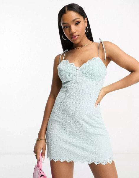 The Frolic tie shoulder cami mini dress with cup detail in sky blue lace