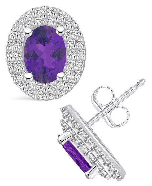 Amethyst (1-5/8 ct. t.w.) and Diamond (1/2 ct. t.w.) Halo Stud Earrings in 14K White Gold