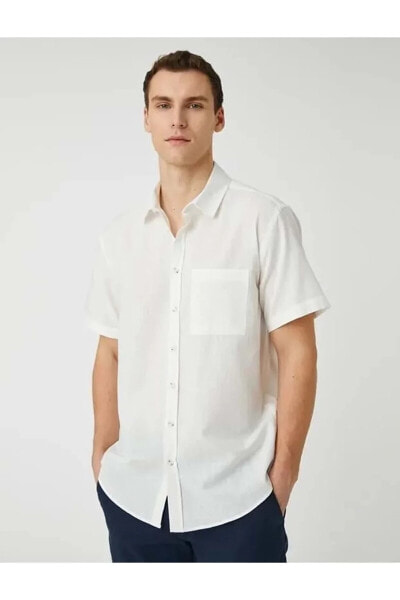 Erkek Giyim Basic Gömlek Kısa Kollu Cep Detaylı Klasik Yaka 3SAM60001HW Kırık Beyaz Kırık Beyaz