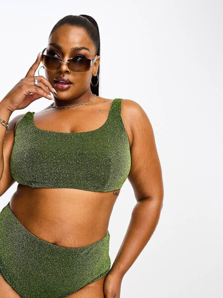 ASOS DESIGN Curve mix and match glitter square neck crop bikini top in green 