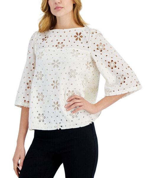 Women's Floral Embroidered Eyelet Boat-Neck Top