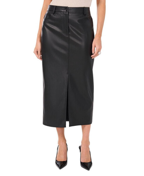 Women's Faux-Leather Front-Slit Midi Skirt